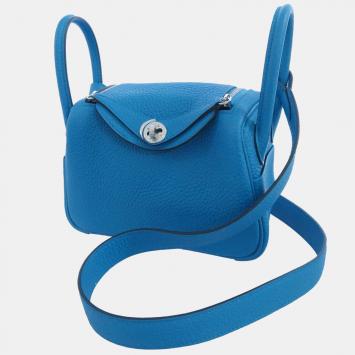 Pre Owned Hermes Blue Taurillon Clemence Leather Mini Lindy 20 Shoulder Bag