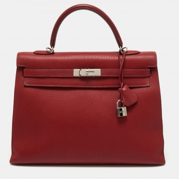 Pre Owned Hermes Rouge Garance Fjord Leather Palladium Finish Kelly Sellier 35 Bag
