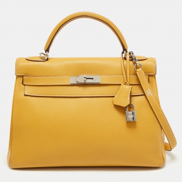 Pre Owned Hermes Jaune Togo Leather Palladium Finish Retourne Kelly 32 Bag