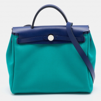 Pre Owned Hermes Bambou/Menthe/Blue Saphir Canvas and Leather Herbag Zip 31 Bag