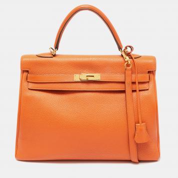 Pre Owned Hermès Orange Togo Leather Gold Finish Kelly Retourne 35 Bag