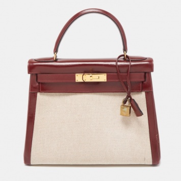 Pre Owned Hermes Rouge H/Beige Toile Canvas And Box Leather Gold Finish Kelly Retourné 28 Bag 