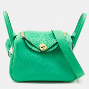 Pre Owned Hermes Menthe Taurillon Clemence Leather Gold Finish Lindy 20 Bag