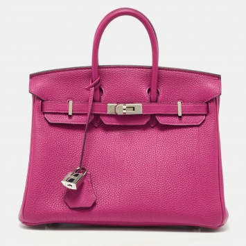 Pre Owned Hermes Rose Pourpre Togo Leather Palladium Finish Birkin 25 Bag 