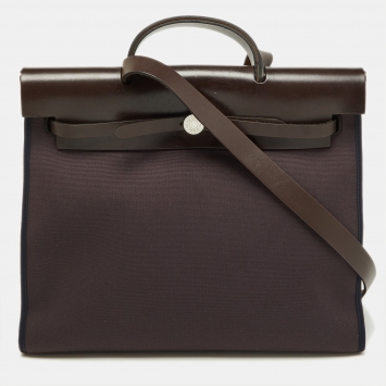 Pre Owned Hermes Ebene/Prunoir Canvas and Leather Herbag Zip 39 Bag