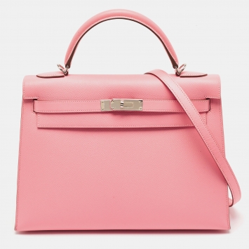 Pre Owned Hermes Rose Confetti Epsom Leather Palladium Finish Kelly Sellier 32 Bag