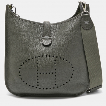 Pre Owned Hermes Vert De Gris Taurillon Clemence Leather Evelyne III GM Bag
