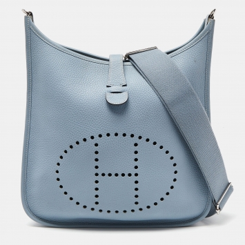 Pre Owned Hermes Blue Lin Togo Leather Evelyne III GM Bag