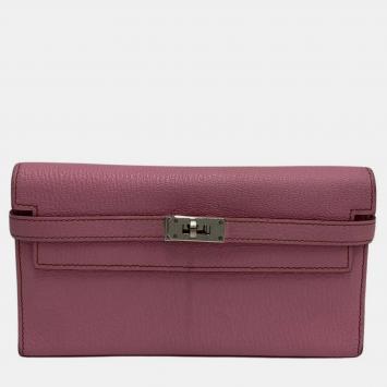Pre Owned HERMES Kelly Wallet Long Vaux Swift Leather Genuine Bifold Pink