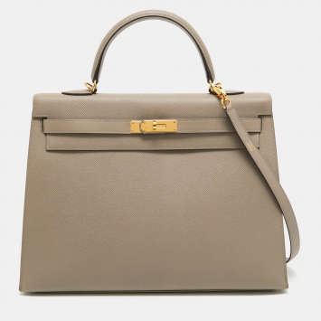 Pre Owned Hermes Gris Asphalt Epsom Leather Gold Finish Kelly Sellier 35 Bag
