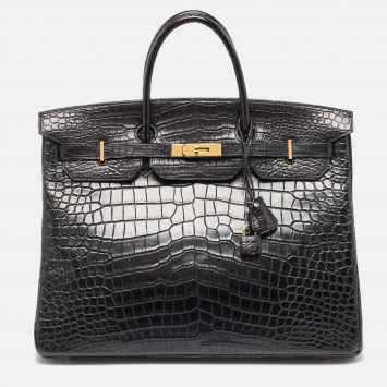 Pre Owned Hermes Black Crocodile Gold Finish Birkin 40 Bag