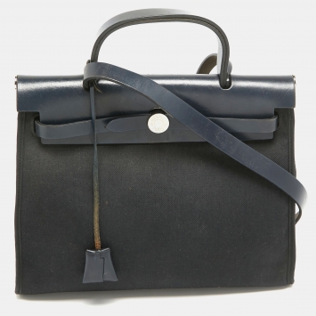 مملوكة مسبقًا Hermes Bleu Index/Black Canvas and Leather Herbag Zip PM Bag