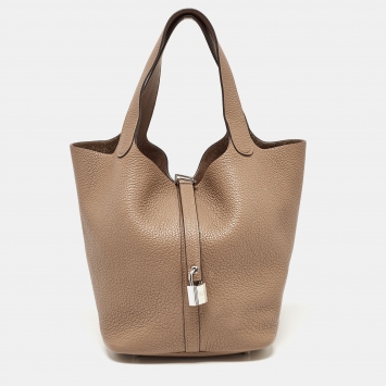 Pre Owned Hermes Taupe Grey Taurillon Clemence Leather Picotin Lock 22 Bag