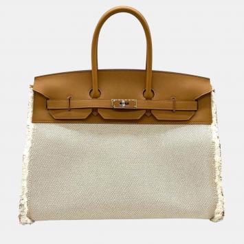 Pre Owned Hermes Brown Toile and Swift Leather Fray Birkin 35 Bag