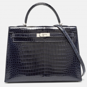 Pre Owned Hermes Bleu Roi Crocodile Palladium Finish Kelly Sellier 35 Bag