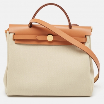 Pre Owned Hermès Naturel Vache Hunter Leather and Toile Canvas Herbag Zip 31 Bag