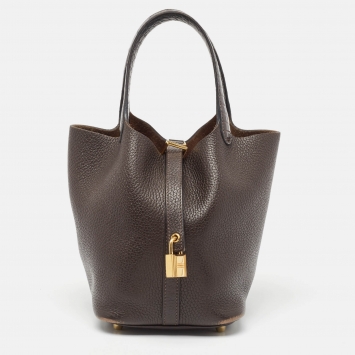 Pre Owned Hermes Chocolat/Ebene Taurillon Clemence Leather and Alligator Touch Picotin Lock 18 Bag