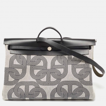 Pre Owned Hermès Noir/Ecru H Plume Canvas and Hunter Leather Circuit 24 Herbag Zip Cabine 50 Bag