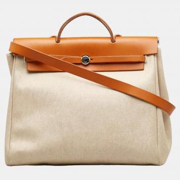 Pre Owned Hermes Brown Leather and Toile Canvas Herbag MM Tote Bag