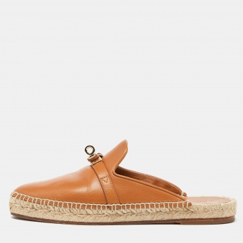 Pre Owned Hermes Brown Leather Espadrille Flat Mules Size 37