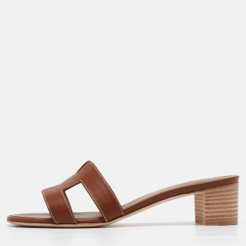 Pre Owned Hermes Brown Leather Oasis Slide Sandals Size 38.5