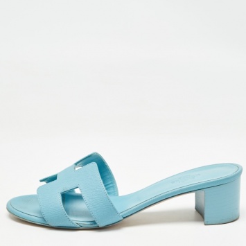 Pre Owned Hermes Blue Leather Oasis Slide Sandals Size 37