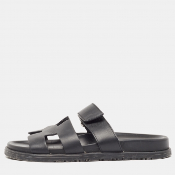 Pre Owned Hermes Black Leather Chypre Sandals Size 37