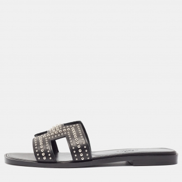 Pre Owned Hermès Black Leather Studded Oran Flat Slides Size 36