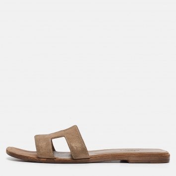 Pre Owned Hermes Metallic Textured Suede Oran Flat Slides Size 37