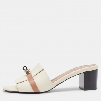 Pre Owned Hermes Cream/Brown Leather Gigi Slide Sandals Size 39