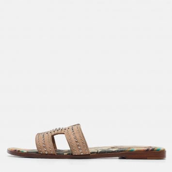 Pre Owned Hermes Beige Studded Suede Oran Flat Slides Size 38