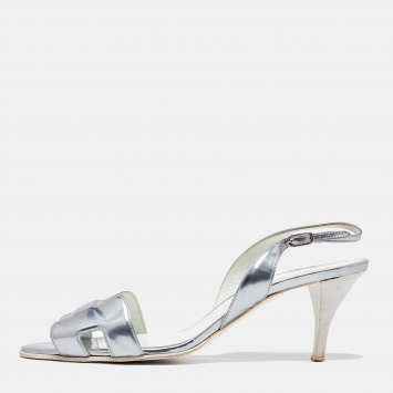 Pre Owned Hermes Silver Leather Night Slingback Sandals Size 40.5