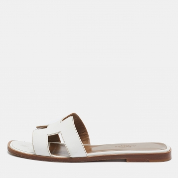 Pre Owned Hermes White Leather Oran Flat Slides Size 36