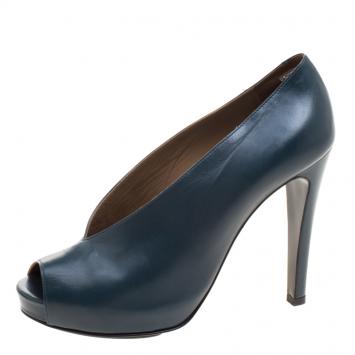 Pre Owned Hermes Blue Leather Peep Toe Platform Pumps Size 37.5