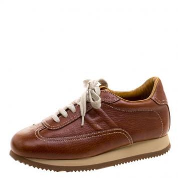 Pre Owned Hermes Brown Leather Quick Lace Up Sneakers Size 36