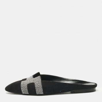 Pre Owned Hermes Black Suede Roxane  Mule Sandals Size 38