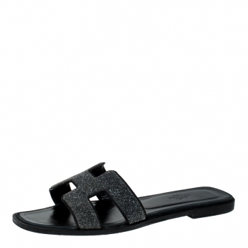 Pre Owned Hermes Black Crystal Embellished Suede Oran Sandals Size 38.5