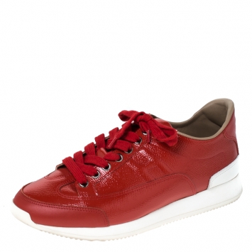 Pre Owned Hermes Red Patent Leather Low Top Sneakers Size 37.5