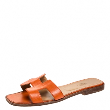 Pre Owned Hermes Orange Leather Oran Flat Slides Size 39