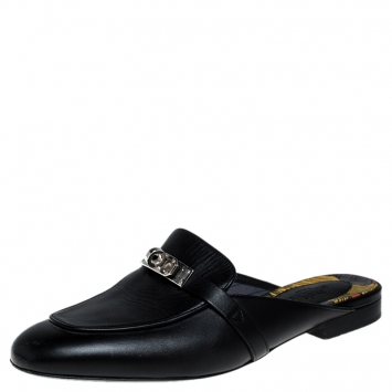 Pre Owned Hermes Black Calfskin Leather Palladium Plated Oz Mules Size 36.5
