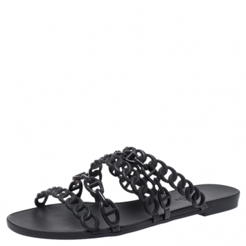 Pre Owned Hermes Black Rubber Chain Stappy Flats Size 40 