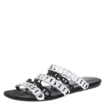 مملوكة مسبقًا Hermes Metallic Silver Leather And Black Suede Chaine D'ancre Flat Sandals Size 37