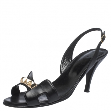 Pre Owned Hermes Black Leather Studded Night Slingback Sandals Size 38.5