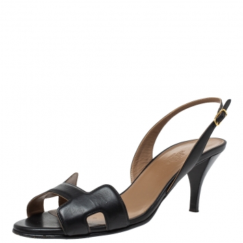 Pre Owned Hermes Black Leather Night Slingback Sandals Size 39.5
