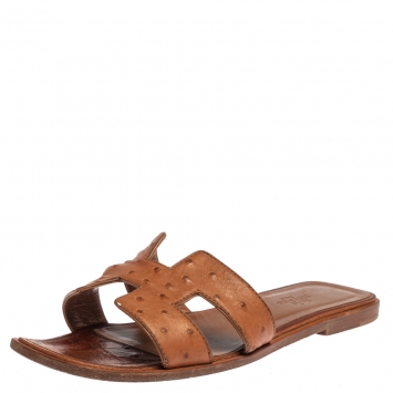 Pre Owned Hermès Brown Ostrich Leather Oran Sandals Size 37
