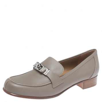 Pre Owned Hermes Tan Green Leather Kelly Loafers Size 36.5