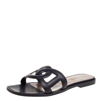 Pre Owned Hermes Black Leather Omaha Flat Slides Size 37