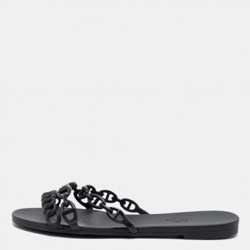 Pre Owned Hermes Black Rubber D'ancre Chaine Rivage Flat Slides Size 37