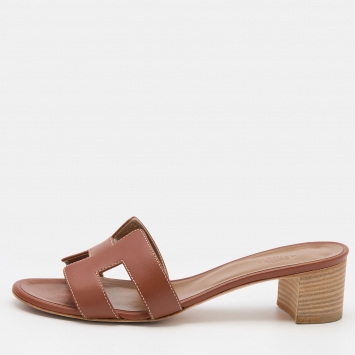 Pre Owned Hermes Brown Leather Oasis Slide Sandals Size 37.5