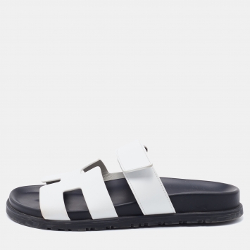 Pre Owned Hermes White Leather Chypre Flat Slides Size 37.5